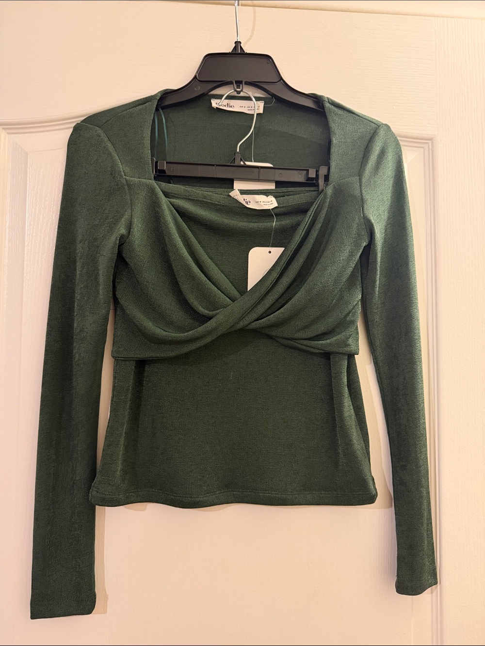 Elodie Forest Green Long Sleeve Draped Crossover Top and skirt